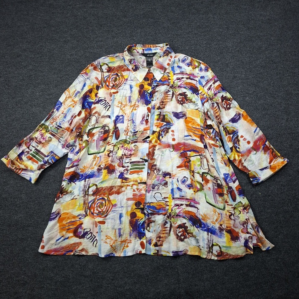 Ali Miles Get Up & Have Fun Abstract 3/4 Sleeve Toggle Buttons Tunic Top Size L